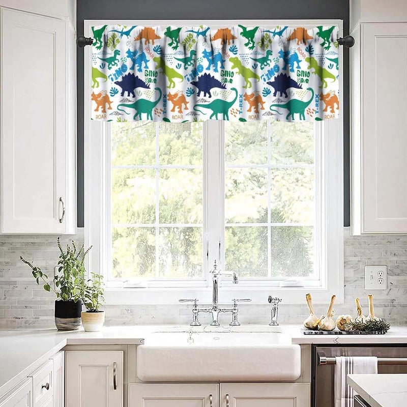 YSWOW Kids Dinosaur Valance Curtain for Boys Girls Nursery Playroom Room Decor Cartoon Dino Theme Art Printed Window Drapes W54xL18in Fabric 1 Panel - Image 5